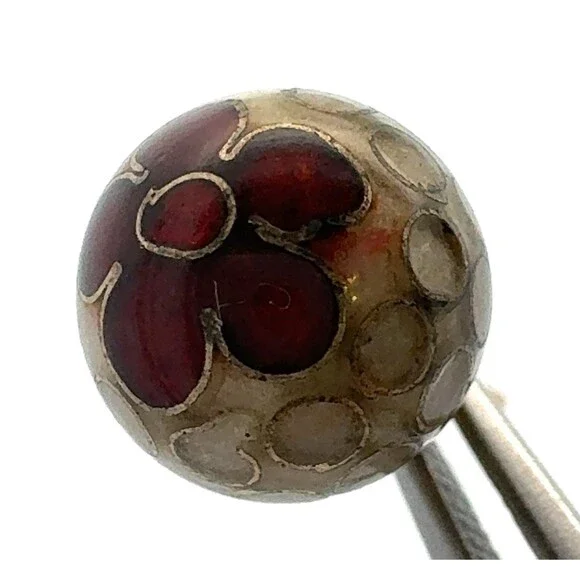 Estate Designer 14k Yellow Gold Round Enamel Red Flower Ball Stud Earrings
